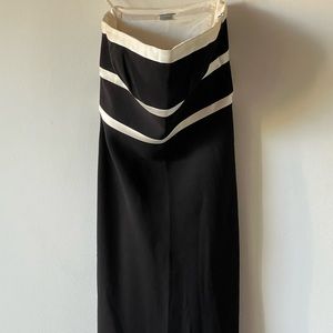 Full length strapless cocktail gown in black with white detail. Size 4